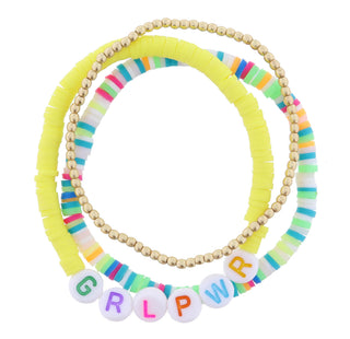 KIDS SET OF 3, "GRLPWR" ON YELLOW SEQUINS, MULTI SEQUINS, BALL BEADS BRACELET JANE MARIE