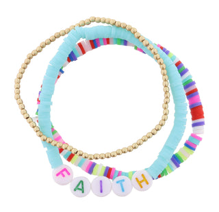 KIDS SET OF 3, "FAITH" ON MINT SEQUINS, MULTI SEQUINS, BALL BEADS BRACELET JANE MARIE