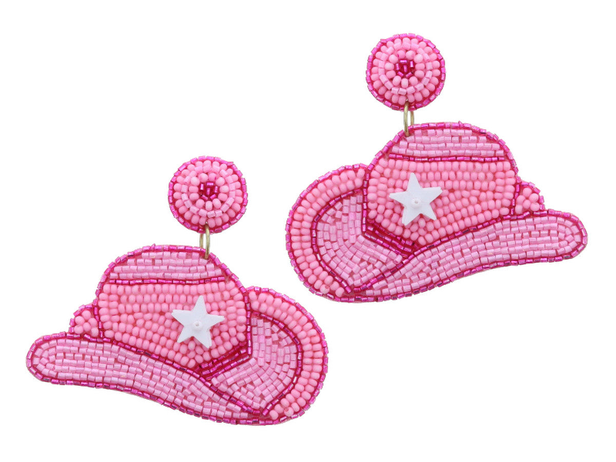 MULTI PINK BEADED POST AND COWGIRL HAT WITH SEQUIN STAR EARRINGS