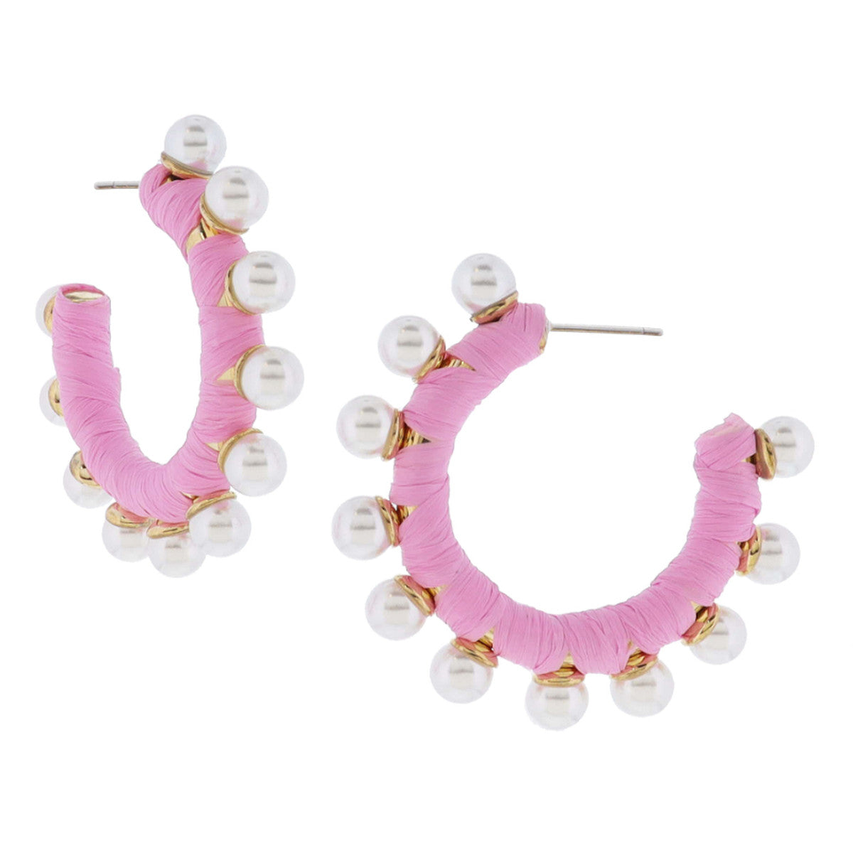 PINK RAFFIA WRAPPED TUBULAR HOOP WITH PEARL STUDS EARRINGS