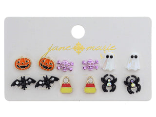 KIDS 6 STUD SET, JACK-O-LANTERN, PINK SKULL & CROSSBONES, IRIDESCENT GHOST, BAT, CANDY CORN, SPIDER EARRINGS