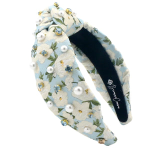 BRIANNA CANNON ADULT SIZE LIGHT BLUE & WHITE FLORAL HEADBAND WITH CRYSTALS & PEARLS
