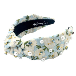 BRIANNA CANNON ADULT SIZE LIGHT BLUE & WHITE FLORAL HEADBAND WITH CRYSTALS & PEARLS