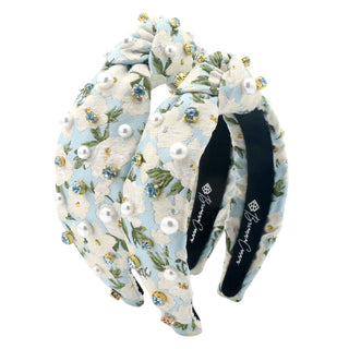 BRIANNA CANNON ADULT SIZE LIGHT BLUE & WHITE FLORAL HEADBAND WITH CRYSTALS & PEARLS