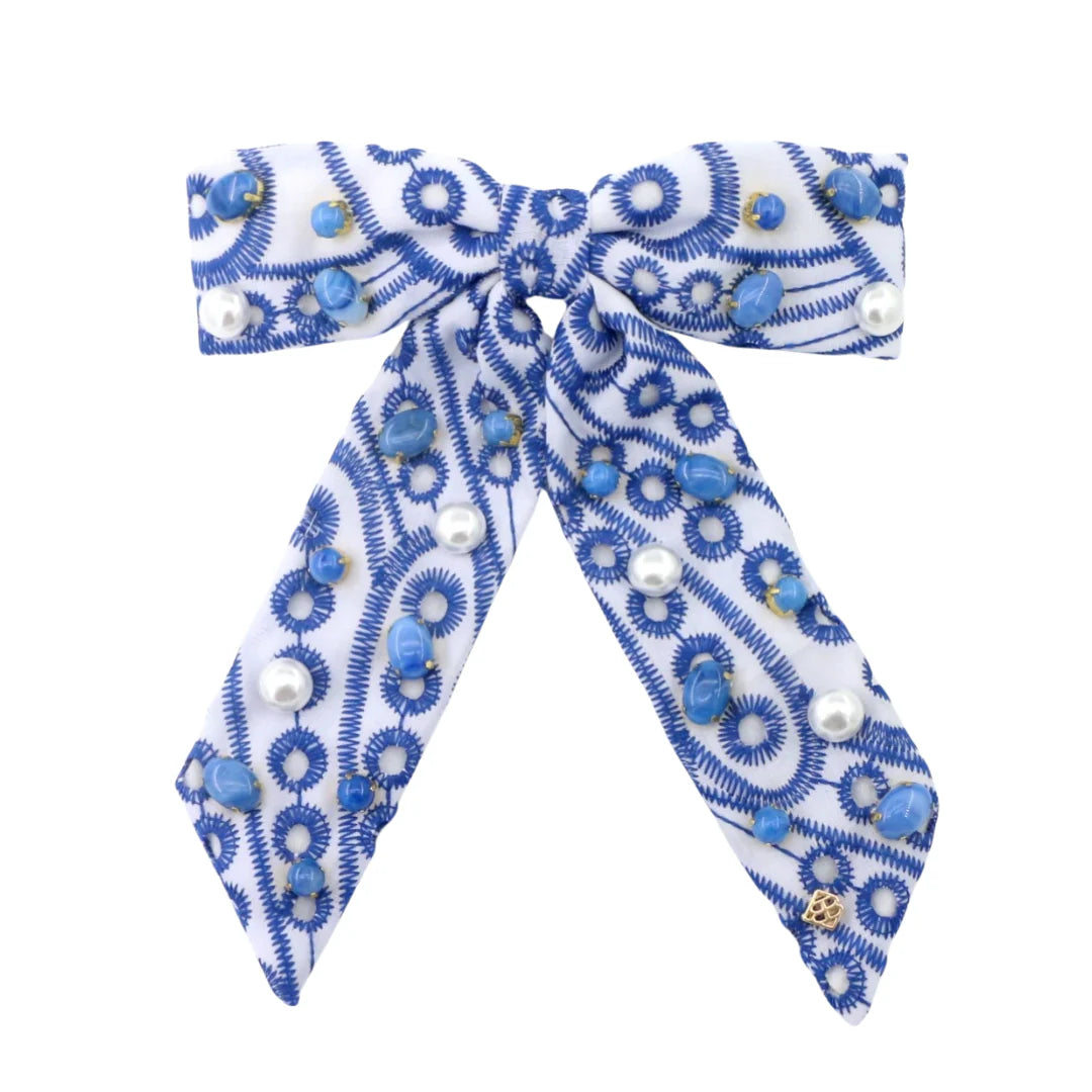 BLUE & WHITE MYKONOS EYELET BOW BARRETTE