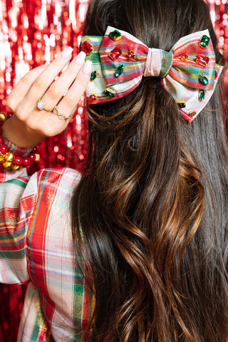 METALLIC WHITE TARTAN PLAID BOW HAIR CLIP