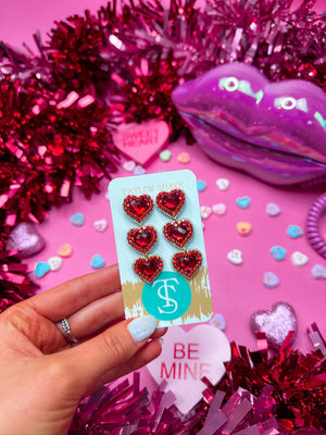 RED ROSALINE TRIPLE BEADED HEART EARRINGS