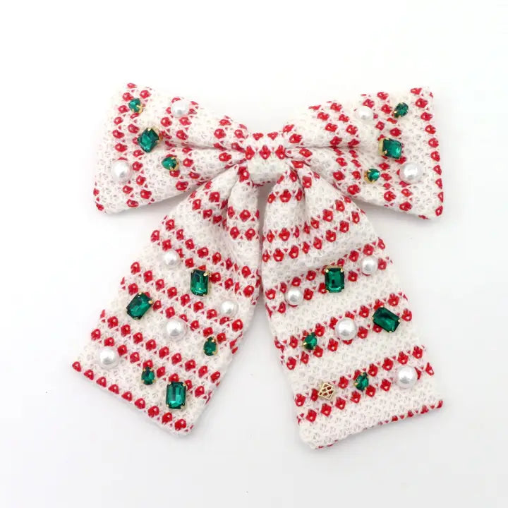 White & Red Knit Winter Bow Barrette with Crystals