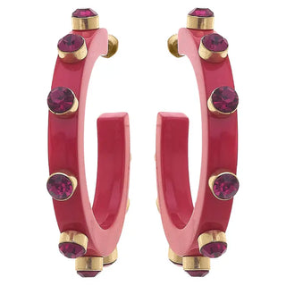 RENEE RESIN & RHINESTONES HOOP EARRINGS IN FUCHSIA