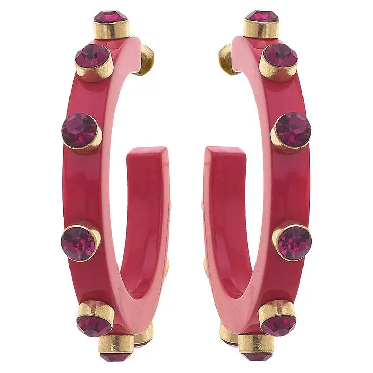 RENEE RESIN & RHINESTONES HOOP EARRINGS IN FUCHSIA