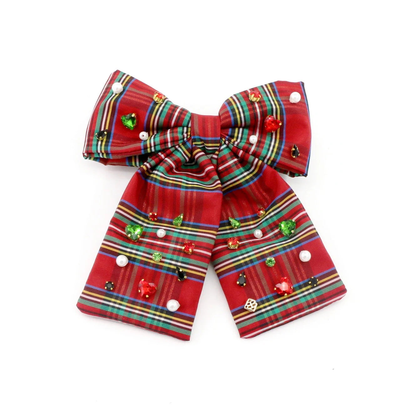 Tartan Plaid Bow Barrette with Crystals and Pearls