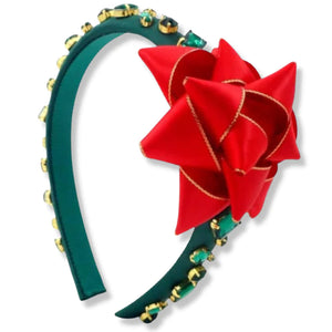 THIN GREEN HEADBAND WITH RED CHRISTMAS BOW AND GREEN CRYSTALS