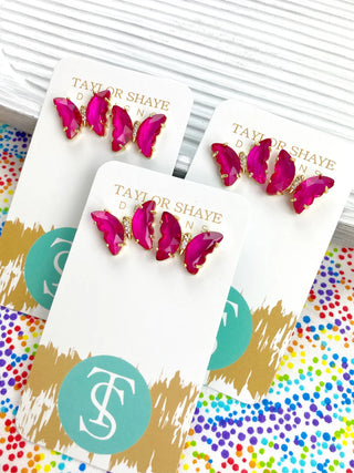 Colorful Crystal Butterfly Studs-hot pink