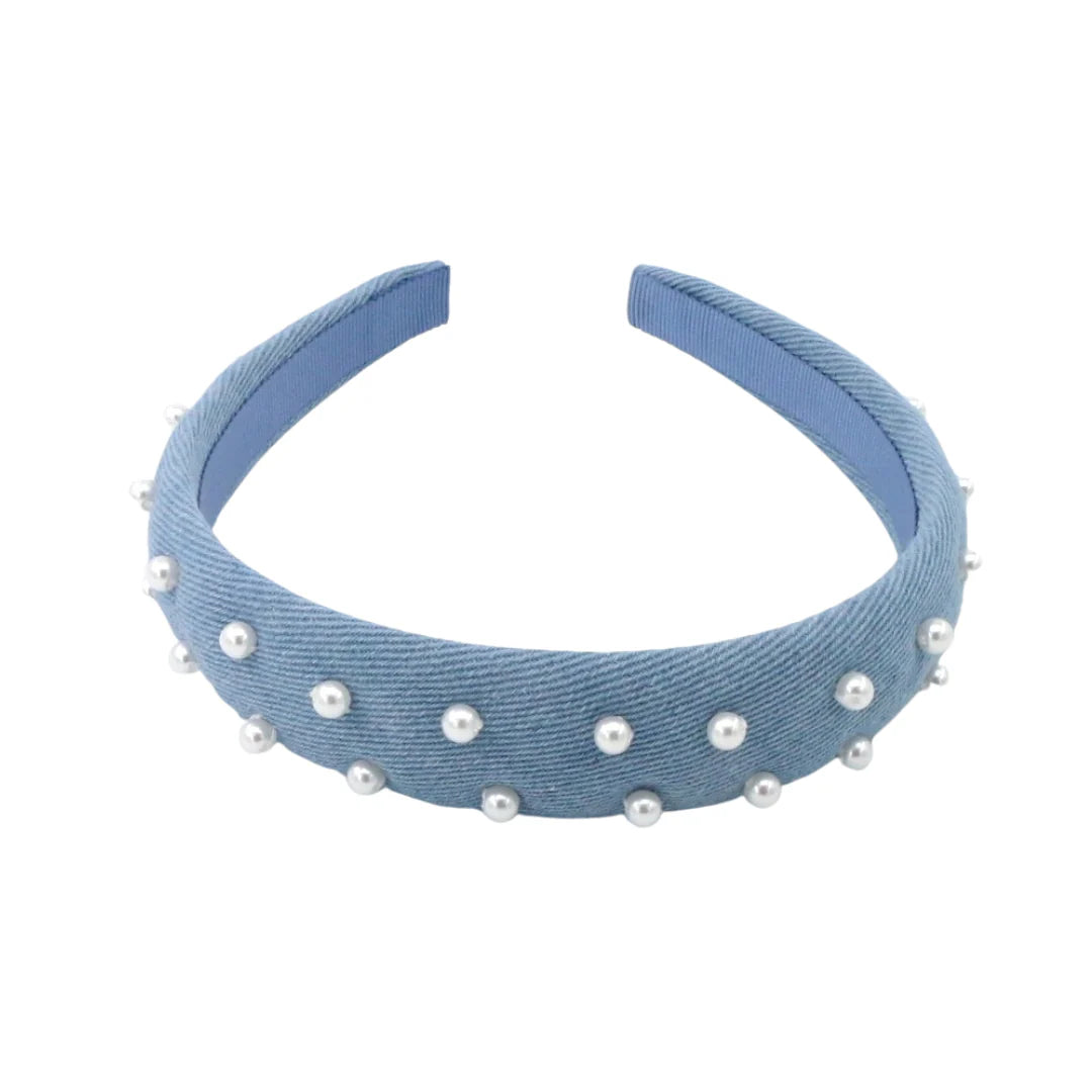 BRIANNA CANNON THIN DENIM & PEARLS HEADBAND