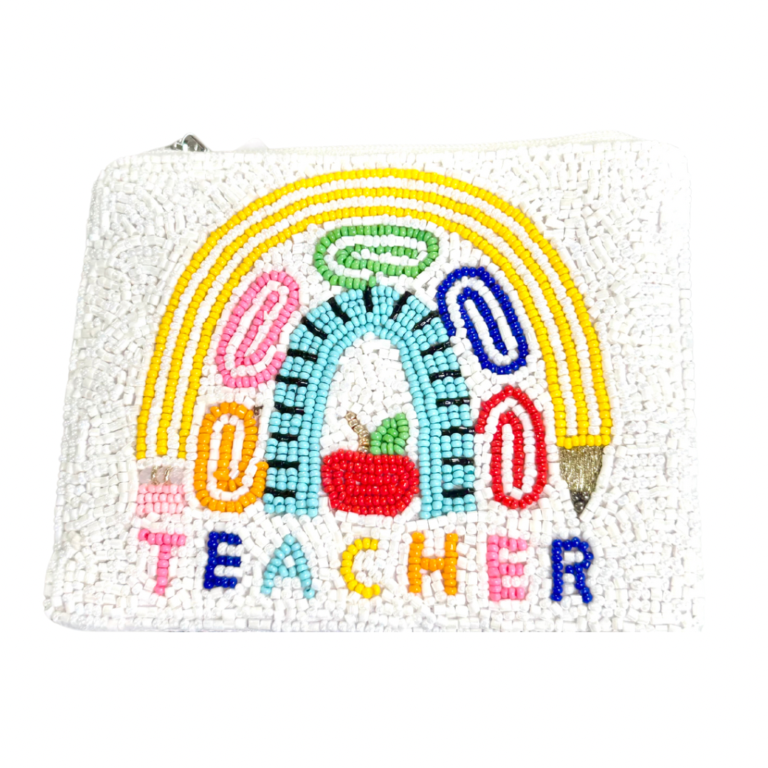 White Beaded with Pencil, Papeclip, Ruler Beaded Rainbow with "Teacher" Coin Purse