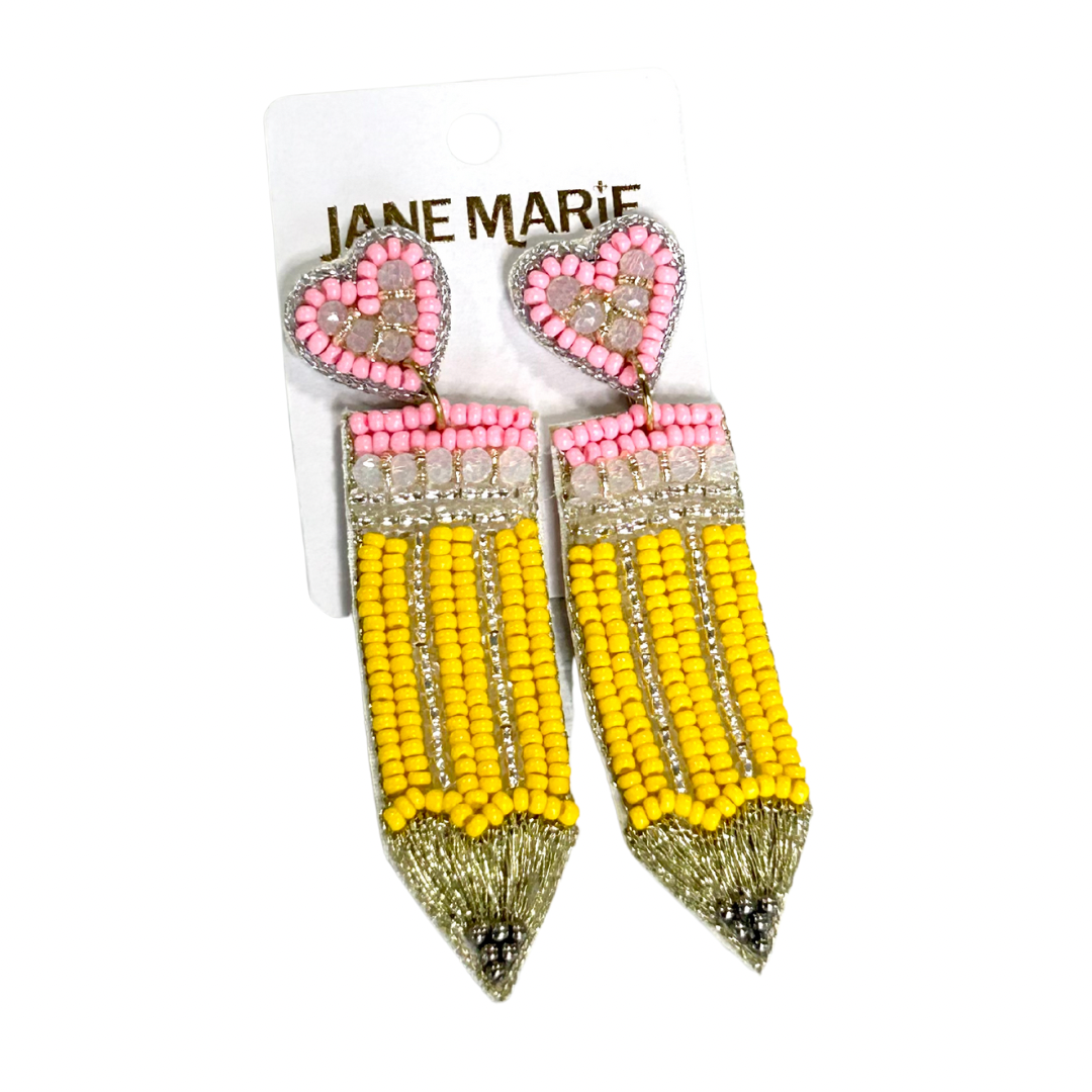 Beaded Heart Post, Yellow Beaded Pencil Earrings