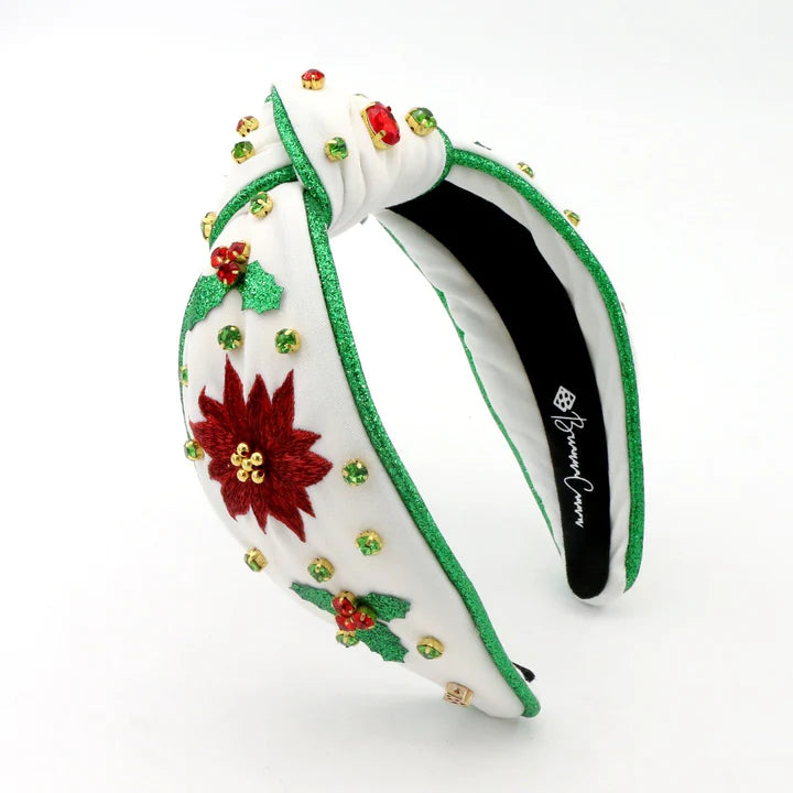 White Embroidered Poinsettia Headband with Green Crystals