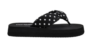 YOU GO GIRL CORKY BLACK WHITE POLKA DOT SANDALS