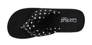 YOU GO GIRL CORKY BLACK WHITE POLKA DOT SANDALS