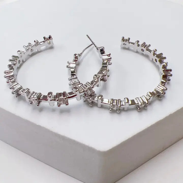 CROSS CRYSTAL HOOPS- SILVER