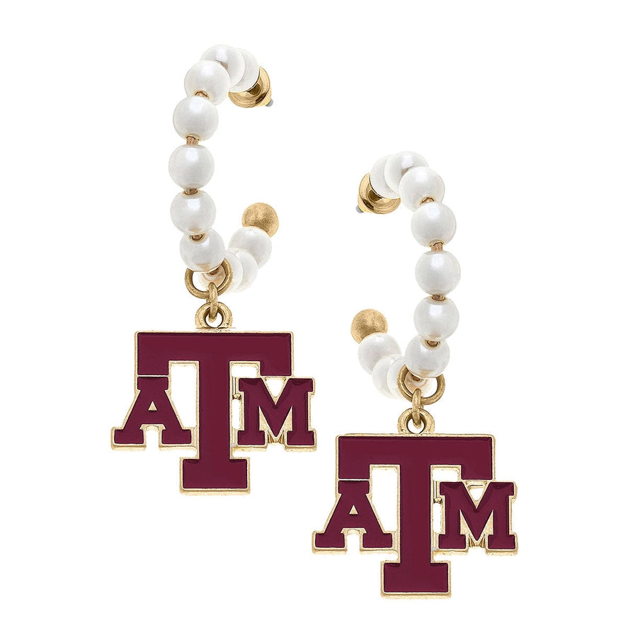 Texas A&M Aggies Pearl Hoop Enamel Drop Earrings in Maroon