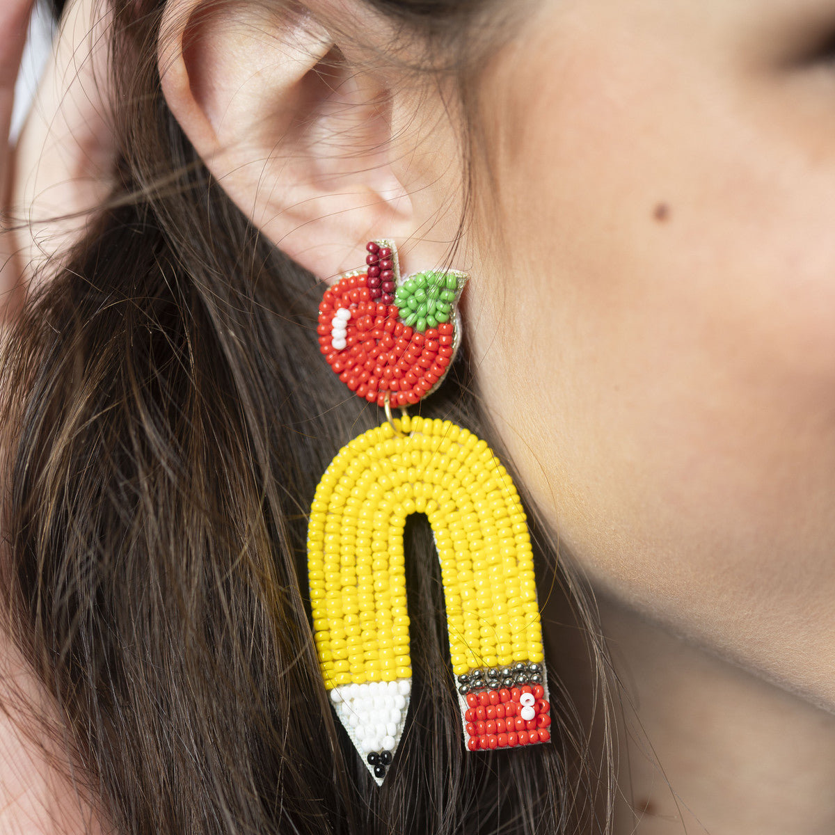 BEADED APPLE POST, BEADED CURVED YELLOW PENCIL EARRINGS