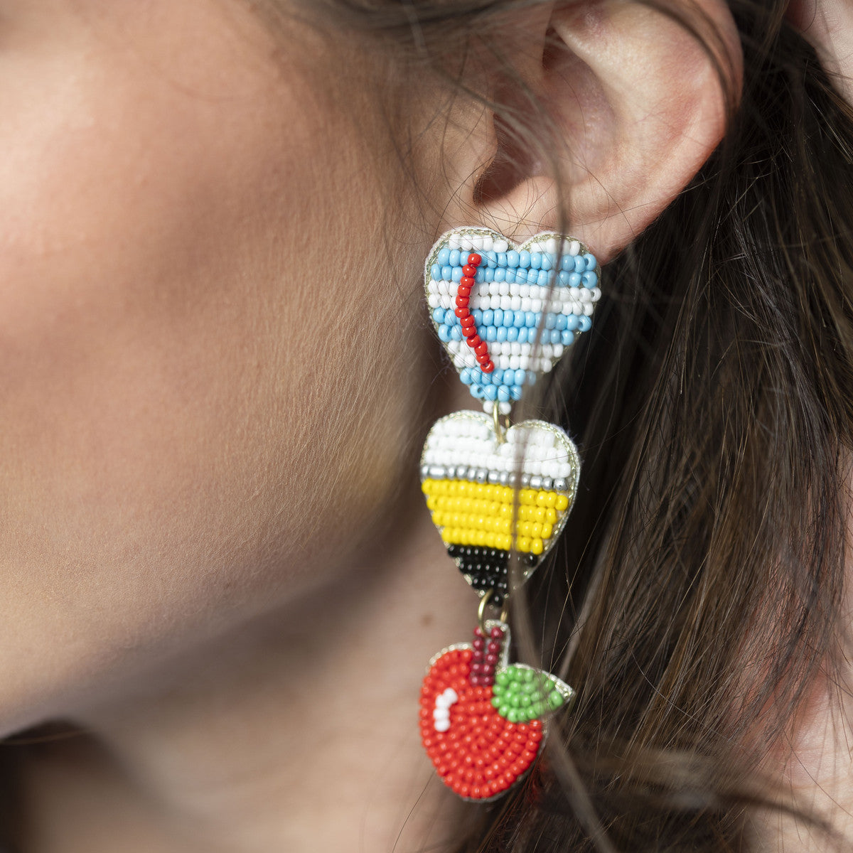 BEADED PAPER, PENCIL, APPLE STACKED EARRINGS