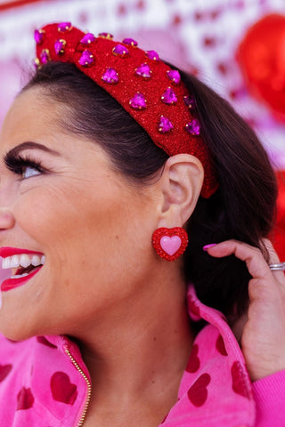 Candy Pink Heart Studs with Red Pavé