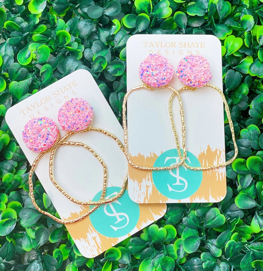 Baby PINK RECTANGLE  GLITTER HOOPS