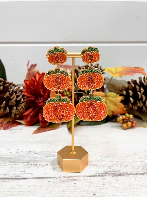 Tiered Orange, Gold, Green beaded pumpkin earrings