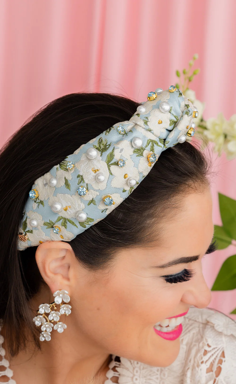BRIANNA CANNON ADULT SIZE LIGHT BLUE & WHITE FLORAL HEADBAND WITH CRYSTALS & PEARLS