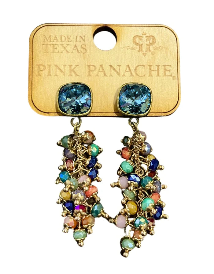 10MM BRONZE/DENIM BLUE POST ON DARK MULTI-COLOR BEAD FRINGE EARRING 1CNC R325