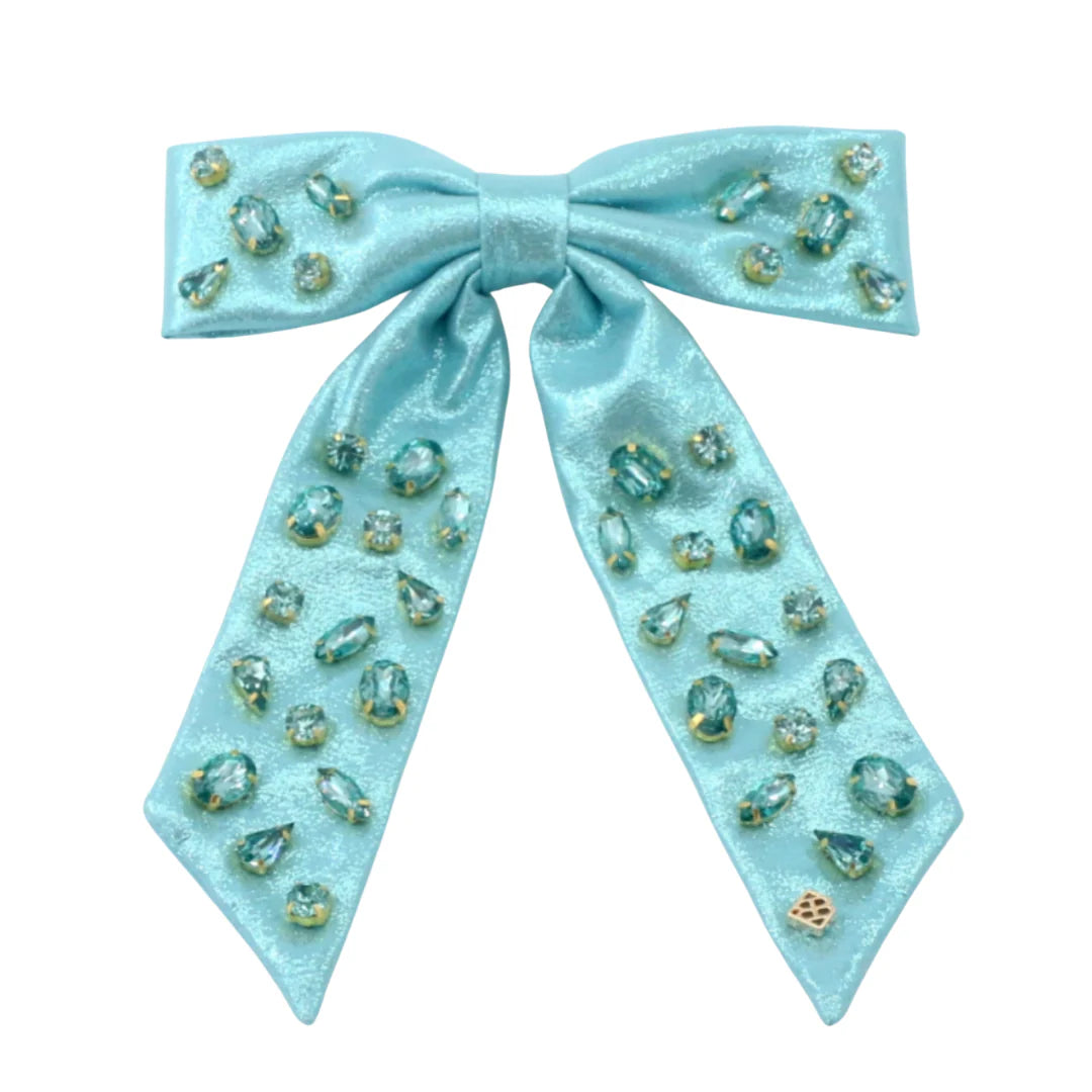 Blue SHIMMER BOW BARRETTE WITH HAND SEWN CRYSTALS