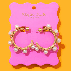 Kali-Hoop Earrings - Medium - Gold-Plated Flowers W/Pearls
