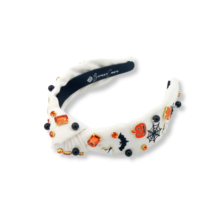 CHILD SIZE WHITE HEADBAND WITH HALLOWEEN EMBROIDERY, CHARMS & CRYSTALS