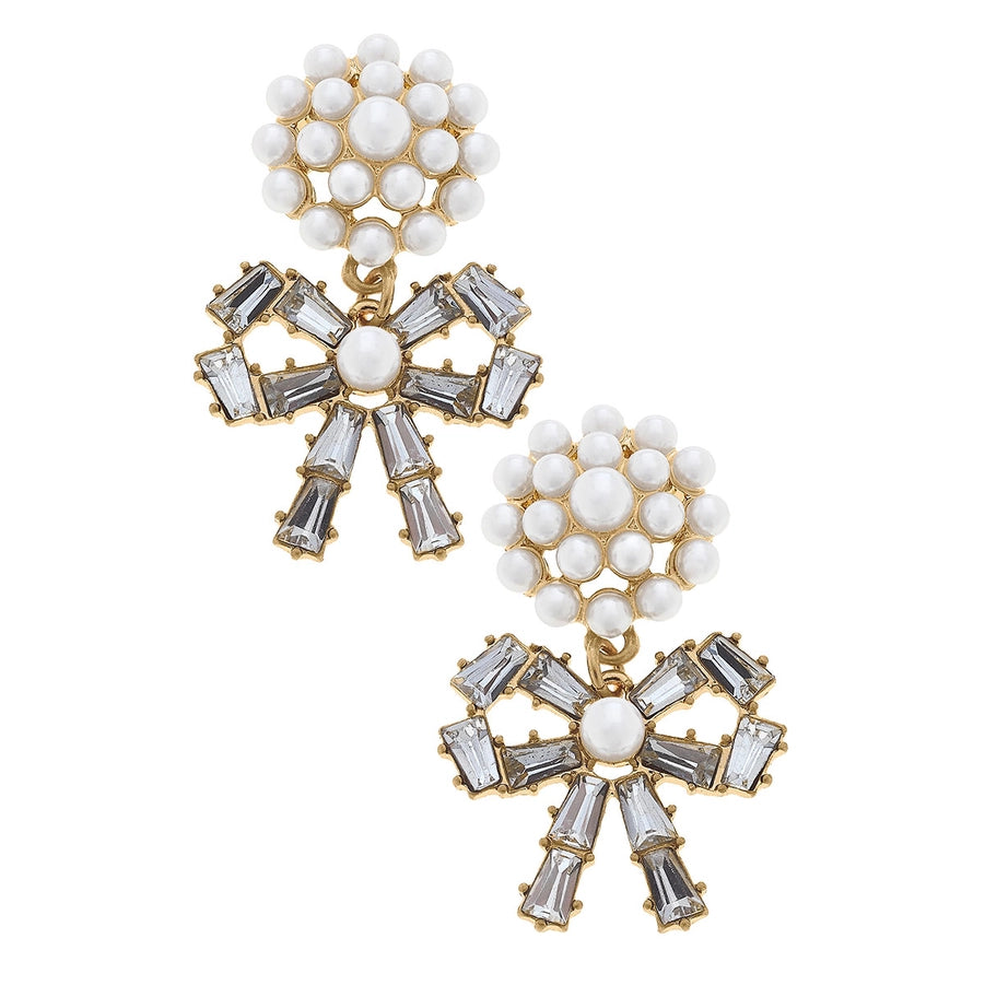 Lindsey clear Pearl Cluster Rhinestone Bow Drop Earrings