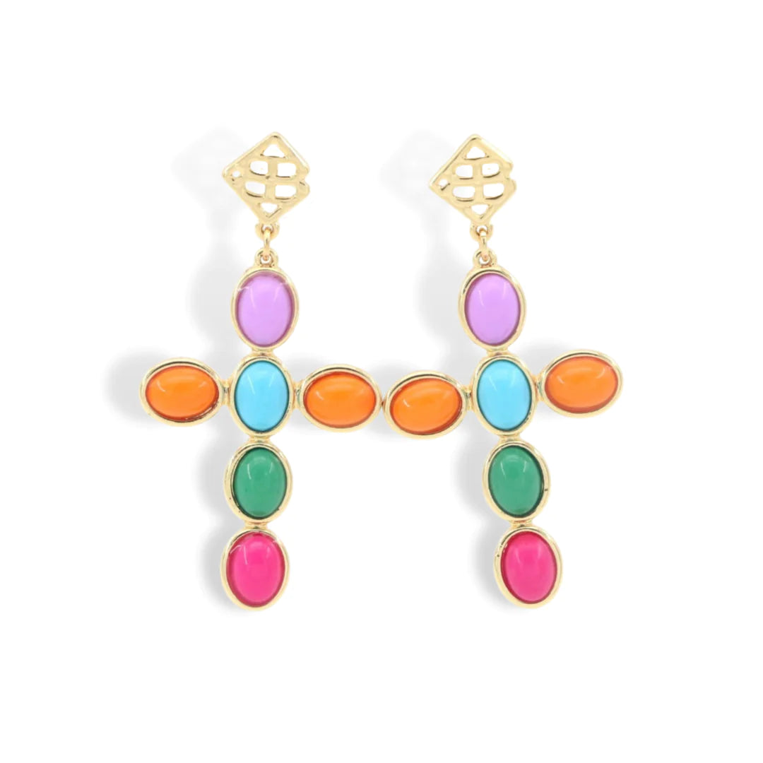 MULTICOLOR CABOCHON CROSS EARRINGS