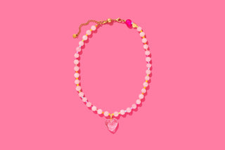 LOTTIE HEART-Beaded Necklace - Pink + Multi-Color W/Dangle Heart