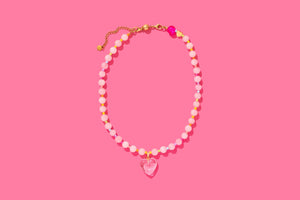 LOTTIE HEART-Beaded Necklace - Pink + Multi-Color W/Dangle Heart