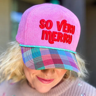 Embroidered Baseball Cap - Holiday - "So Very Merry" - Pink