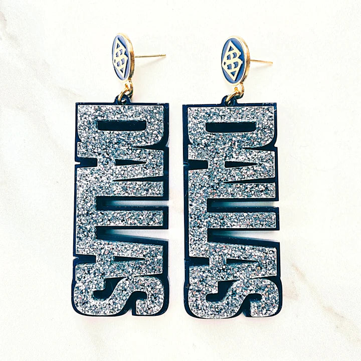 SILVER GLITTER DALLAS EARRINGS OVER NAVY WITH NAVY BC LOGO TOP