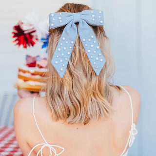 Denim & Pearl Bow Barrette