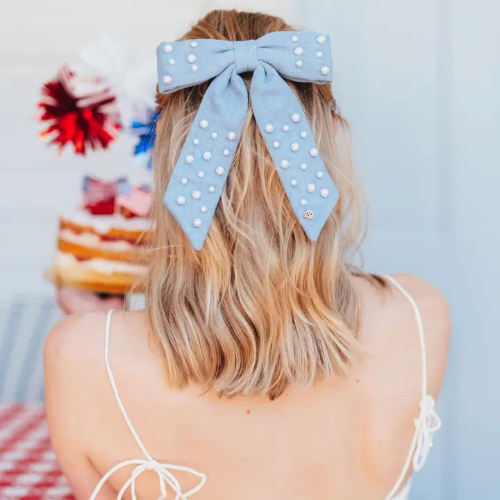 Denim & Pearl Bow Barrette