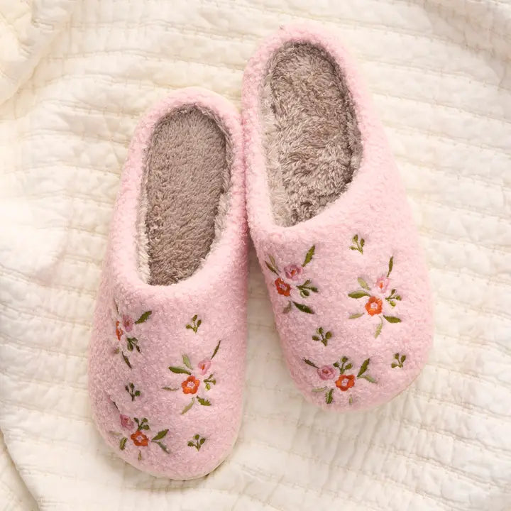 Fuzzy Slippers-Dainty Floral Pink