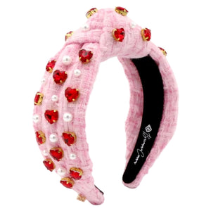 Pink Tweed Headband with Red Hearts and Pearls