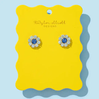 Caroline-Stud Earrings - Flowers w/ Blue Gems
