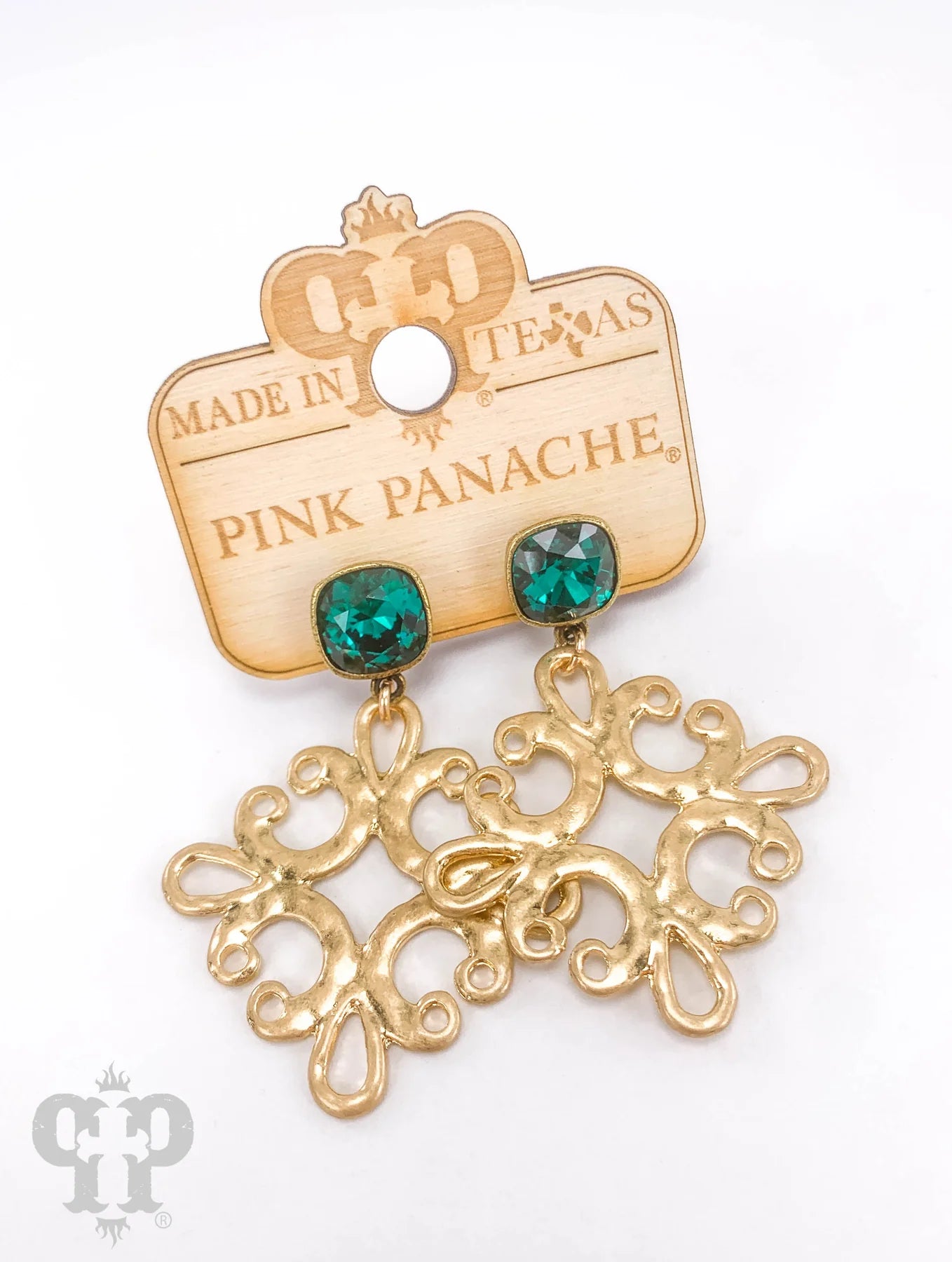 Emerald four point scroll cross gold pink panache earrings