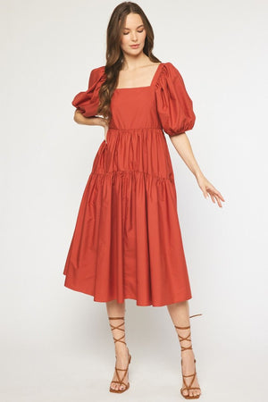 RUST PUFF SLEEVE MIDI DRESS