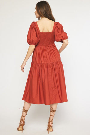 RUST PUFF SLEEVE MIDI DRESS