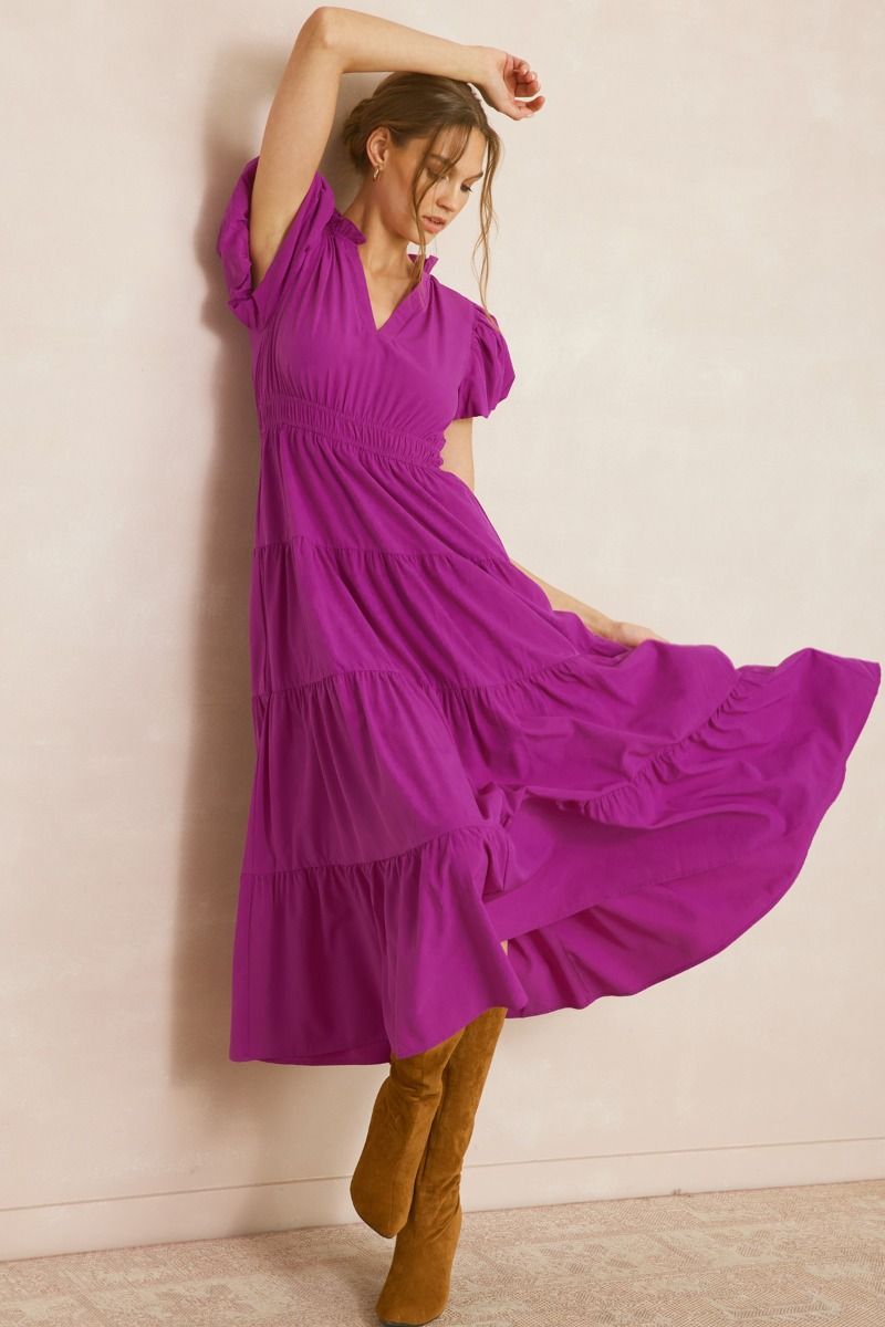 VIOLET TIERED MIDI DRESS